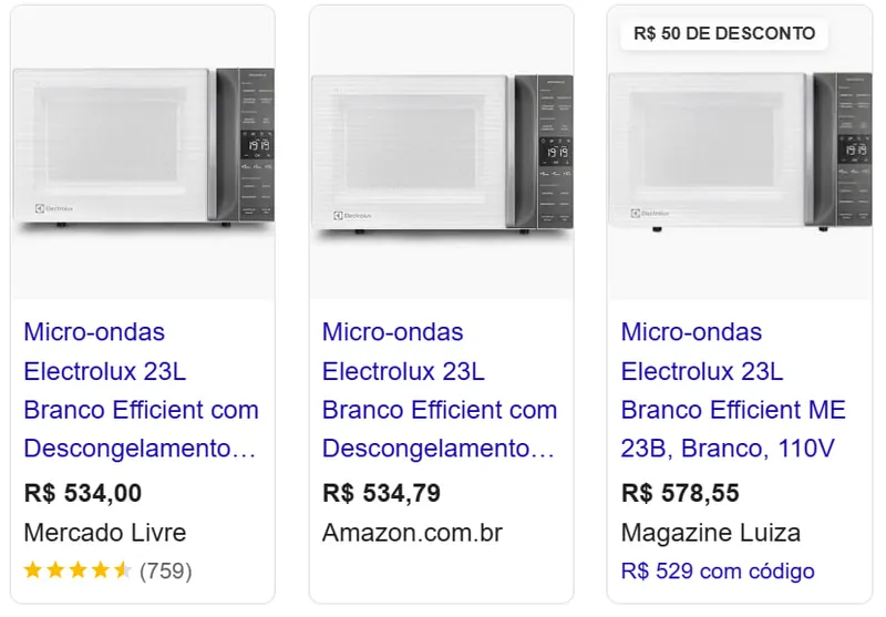 Comparativo de preÃ§o 479 reais